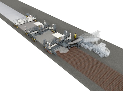 Wirtgen Concrete Paving Train: Usually, a placer/spreader is deployed in combination with a slipform paver and a texture curing machine when paving with pre-placed steel rebar.