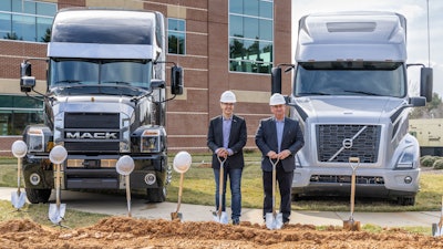Volvo Group North America chairman and Mack Trucks president Martin Weissburg (right) and Volvo Financial Services president Marcio Pedroso (left) announced a $41 million investment to purchase and expand the building housing its U.S. Uptime Center.