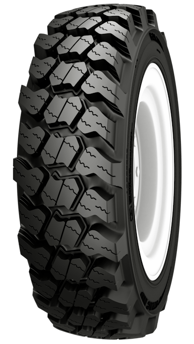 The all-season Galaxy Might Trac ND skid steer tire features innovations in the use of sipes and stepped blocks to aid maneuverability in various terrain.