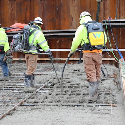 Wacker Neuson’s gas-powered BV50A-H and battery-powered ACBe backpack vibrators consolidate a mat foundation on the 44-story Couture job site, Milwaukee, Wisconsin.