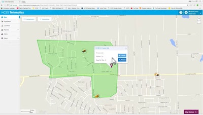 HCSS software wraps telematics data in a number of functional tools, including geofencing (shown here), fleet maintenance, scheduling and more.