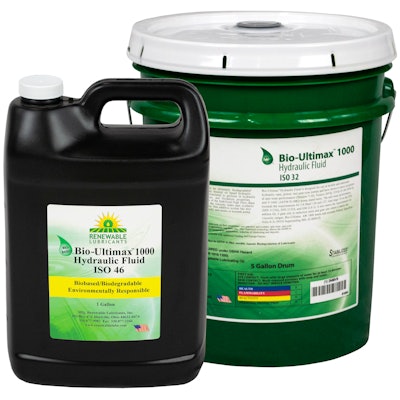 Renewable Lubricants presents patented Bio-Ultimax 1000, readily biodegradable biosynthetic formulas which perform like mineral oil based hydraulic fluids.