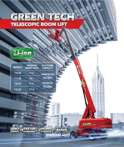 The four electric telescopic booms are powered by lithium-ion batteries with high capacity, low noise and zero emissions.