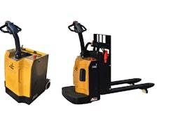 The RPL44 rider pallet truck and PTT60 pedestrian tow tractor feature compact chassis designs and power steering that support operations in material handling applications.