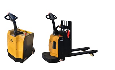 The RPL44 rider pallet truck and PTT60 pedestrian tow tractor feature compact chassis designs and power steering that support operations in material handling applications.