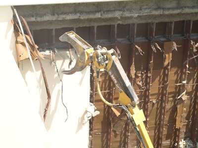 When paired with a flexible remote-controlled machine, the grapple can easily grasp and pull down structural elements.