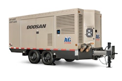 Powered by a tier 4 final compliant Cummins QSX15 engine, the HP1600 air compressor is secured to a double-axle trailer for transportation around jobsites.