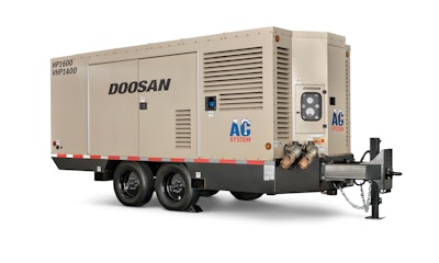 Powered by a tier 4 final compliant Cummins QSX15 engine, the HP1600 air compressor is secured to a double-axle trailer for transportation around jobsites.
