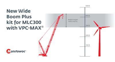 Designed for wind turbine installations, the new inserts will give crane operators extra reach by lengthening their booms up to 429.8 ft. (131 m) when used in combination with the VPC-MAX and extended upper boom points.