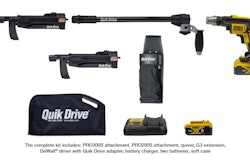Designed for deck, subfloor, sheathing and underlayment installations, the Quik Drive PROCCS+ Multi-Purpose Combo System is a complete auto-feed screw driving system with two Quik Drive attachments.