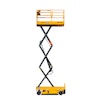 Equipped with four wheels at the base, the safety yellow electric scissor lift has a maximum working height of 25-ft, 8-in.