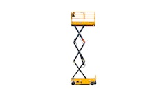 Equipped with four wheels at the base, the safety yellow electric scissor lift has a maximum working height of 25-ft, 8-in.