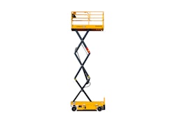 Equipped with four wheels at the base, the safety yellow electric scissor lift has a maximum working height of 25-ft, 8-in.