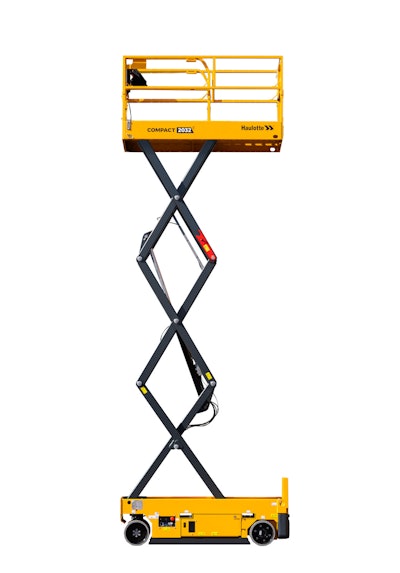 Equipped with four wheels at the base, the safety yellow electric scissor lift has a maximum working height of 25-ft, 8-in.