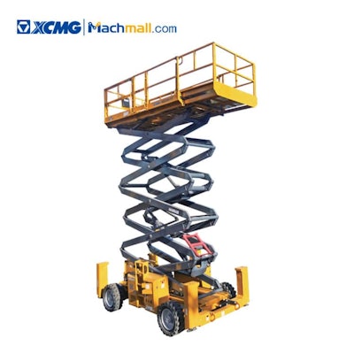 Powered by a 48 HP Kubota engine, the scissor lift has a maximum working height of 59-ft.,5-in. and features rough terrain tires.