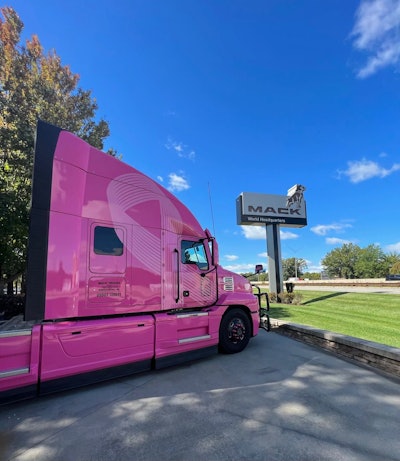 The Mack Trucks 'Pink Lady' is displayed through Oct. 31, 2022 outside the company's world headquarters in Greensboro, N.C.