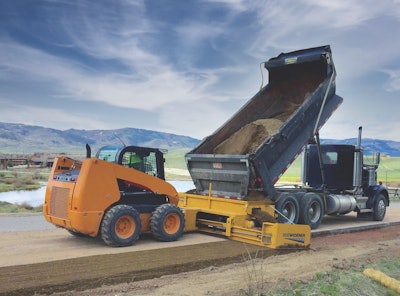 The FH-R is a solution for material placement, dispensing topsoil, gravel, asphalt, limestone and more — all with an attachment compatible with common machines.