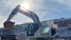 A hydrogen fuel-cell excavator operating in an England quarry.