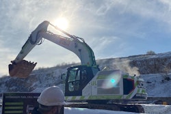 A hydrogen fuel-cell excavator operating in an England quarry.