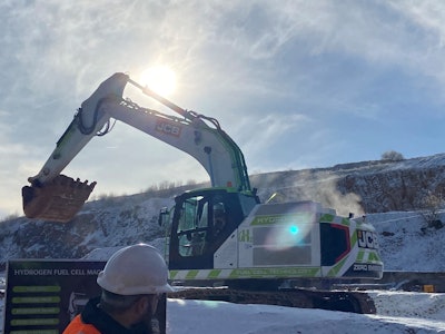 A hydrogen fuel-cell excavator operating in an England quarry.