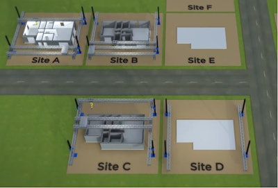Diamond Age's 3D concrete printing system is augmented by multiple other stages of construction automation that move through a multi-site project like a mobile assembly line.