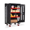 Made of 16-gauge steel with a powder coated finish, the mobile storage unit contains three fixed shelves and large doors promoting access to tools or equipment.
