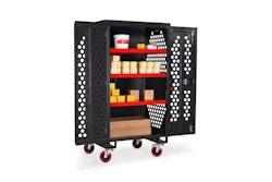Made of 16-gauge steel with a powder coated finish, the mobile storage unit contains three fixed shelves and large doors promoting access to tools or equipment.