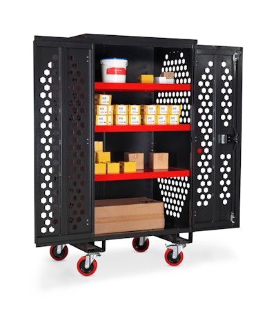 Made of 16-gauge steel with a powder coated finish, the mobile storage unit contains three fixed shelves and large doors promoting access to tools or equipment.