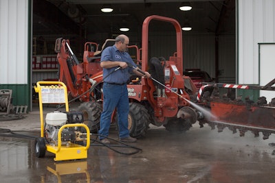 To clean grease, grime and oil, a hot-water pressure washer is usually a better bet.