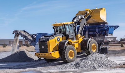The 644 X-Tier wheel loader is powered by a John Deere 6.8L engine and composed of a brushless electric generator and motor.