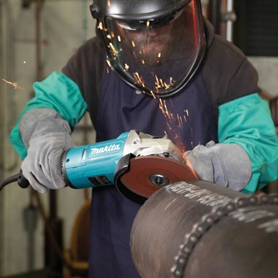The 7-in. and 9-in. corded angle grinders are powered by a 15-amp motor and feature rear handle power switches that require two actions to start the tool.