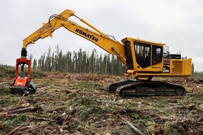 Purpose-built for processing applications, the 197-hp PC230F-11 has a rugged design, high and wide undercarriage, a powerful swing motor and is designed to withstand high-debris conditions.