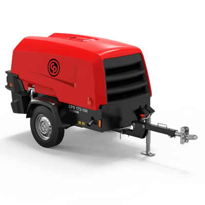 Secured to a single-axle trailer for transportation, the CPS 175-100 is equipped with a Kubota V1505-CR-T-E5B diesel engine and offers up to 125 psi during use.