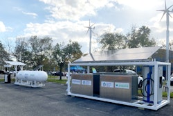 The skid infrastructure combines a 60kW propane generator with wind and solar power to create a microgrid that allows fleets to implement a drop-in charging solution.