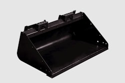 The bucket attachment features a round back design for loading and cleanout, as well as a low heel to support cutting to grade and back dragging.