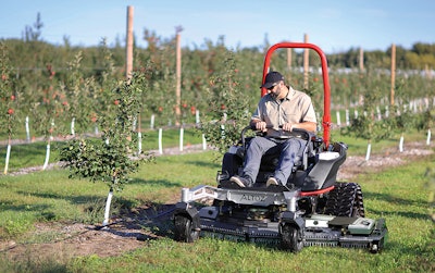 The extension provides 16 in. of additional cutting width (82 in. total) and flexes up to 12 degrees to follow the terrain.