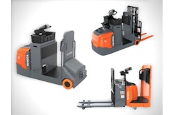 The new electric forklift models include a Side-Entry End Rider, a Center Rider Stacker and an Industrial Tow Tractor.