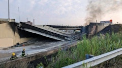 This image provided by the Office of Emergency Management shows firefighters standing near the collapsed part of I-95 in Philadelphia, Sunday, June 11, 2023.