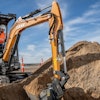 The CX15EV is a 3,186-lb. mini excavator powered by a 21 hp/16 kW electric motor — and the CX25EV is a 4,828-lb. mini excavator running with a 27 hp/20 kW electric motor.