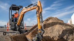 The CX15EV is a 3,186-lb. mini excavator powered by a 21 hp/16 kW electric motor — and the CX25EV is a 4,828-lb. mini excavator running with a 27 hp/20 kW electric motor.