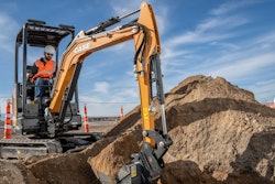 The CX15EV is a 3,186-lb. mini excavator powered by a 21 hp/16 kW electric motor — and the CX25EV is a 4,828-lb. mini excavator running with a 27 hp/20 kW electric motor.