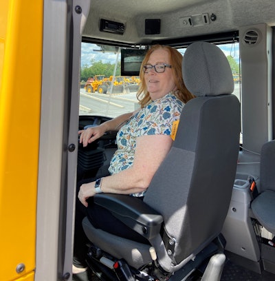 Lori Ditoro gets ready to drive the Volvo A45FS articulated haul truck.