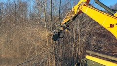 When equipped with the Tilt Hitch, an excavator mulching head can be tilted up to 45 degrees to the left or right.