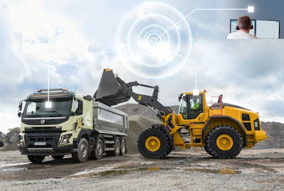 The dump truck and wheel loader are connected through Connected Load Out.
