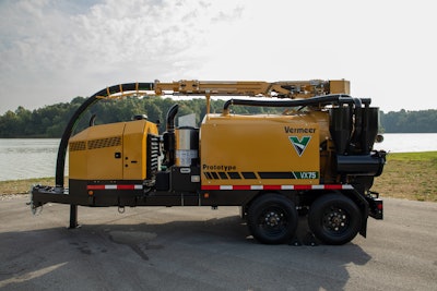 The 75-hp vacuum excavator is available with a 5-in. (12.7-cm) hydraulic boom option for standard units and a 4-in. (10.2-cm) hydraulic boom option for air and jetter versions.