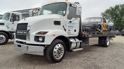 The Mack MD6 vehicle recovery rollback truck for Road America, courtesy of Sheboygan's Kriete Truck Center