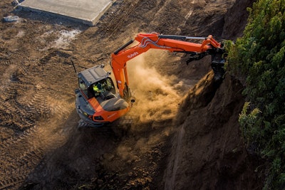 Equipped with a 66.6-hp (SAE J1995 gross) Kubota engine, the KX080-5 features a digging depth of 15 ft., 1.1 in. and a maximum dumping height of 17 ft., 2.7 in.
