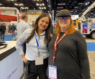 Lori Ditoro, editor-in-chief of Equipment Today, learns about augmented reality with Allison Transmission during Work Truck Week 2023.