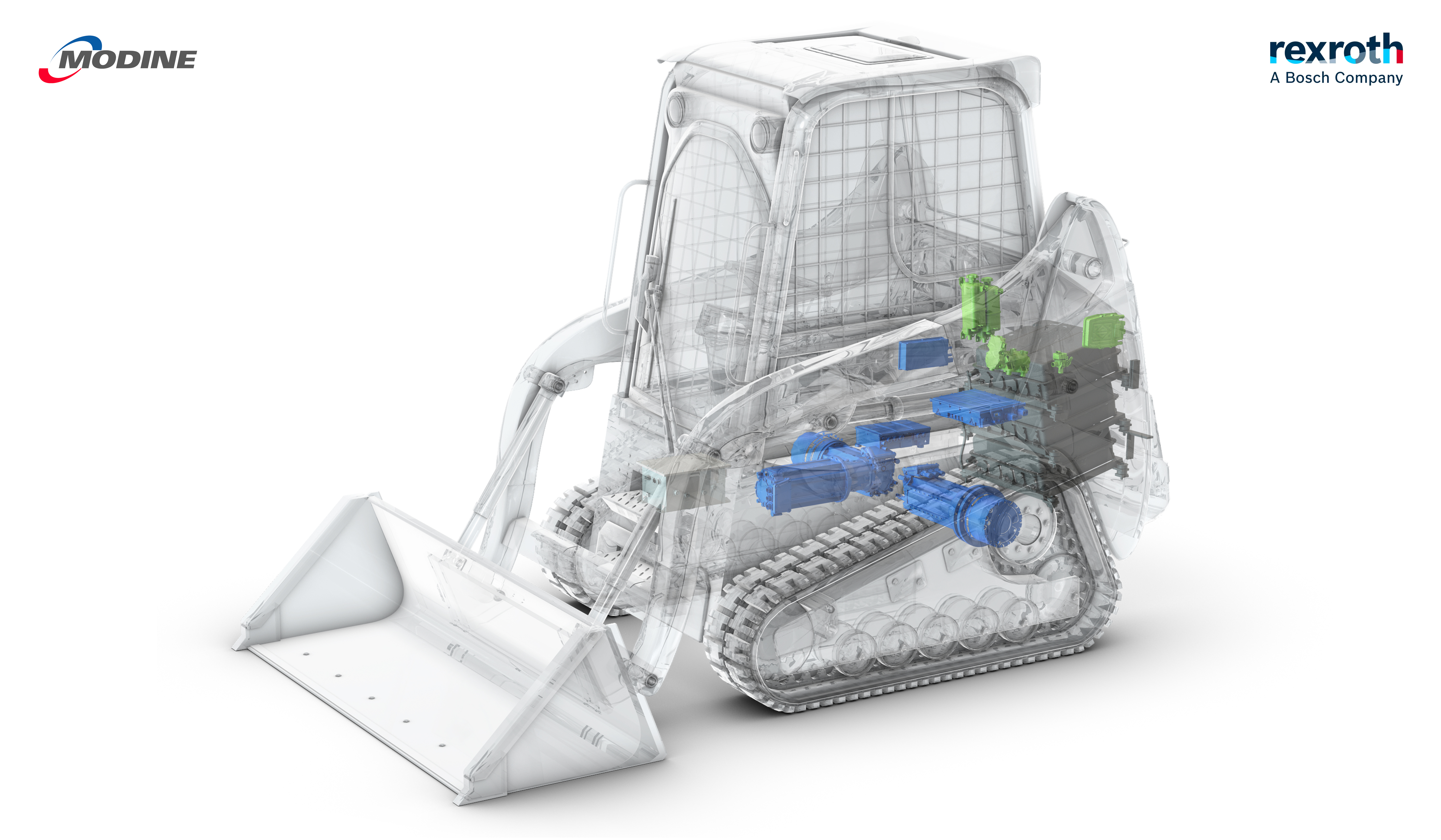 The illustration of highlighted components represents Modine Evantage (green), which is a liquidcooled thermal management system inside Bosch Rexroth&rsquo;s eLION portfolio (blue).