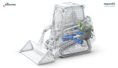 The illustration of highlighted components represents Modine Evantage (green), which is a liquidcooled thermal management system inside Bosch Rexroth’s eLION portfolio (blue).